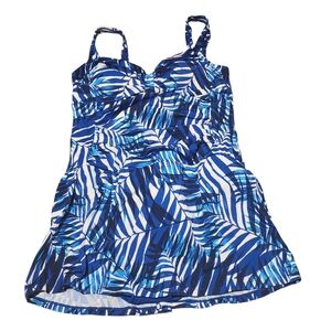 Blue and White Tropical Print One Piece with Skirted Bottom